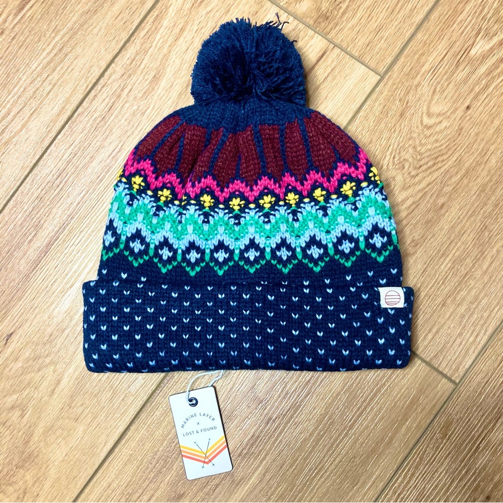 Marine Layer x LF Fair Isle Beanie Knit Hat Pom Pom Navy Patterned NWT - Picture 5 of 9